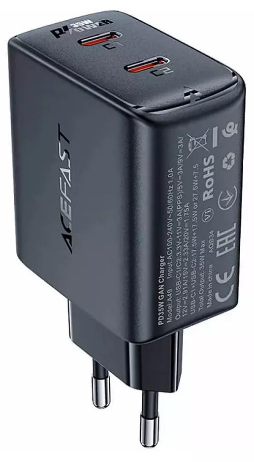 

Зарядное устройство сетевое ACEFAST A49 PD35W GaN (USB-C+USB-C) dual port charger (EU). Цвет: черный, A49