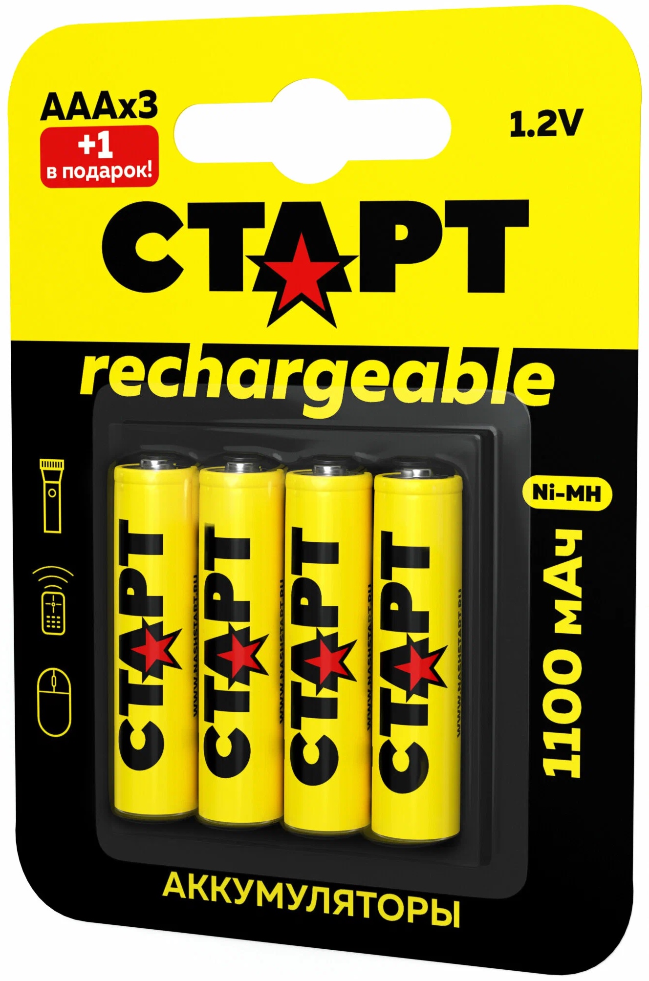 

Аккумулятор Старт HR03 ААА 1100mAh Ni-MH BL3+1 1.2 В, 4 шт. в блистере, HR03 ААА 1100mAh Ni-MH BL3+1