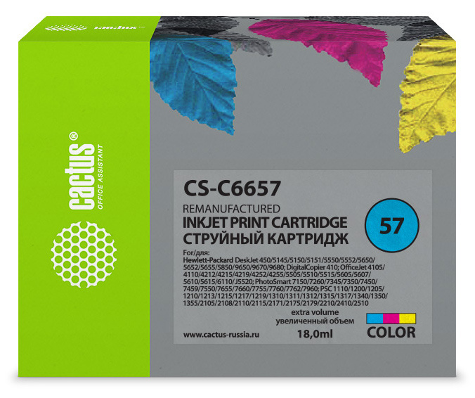 

Картридж Cactus CS-C6657 №57 (трехцветный) для HP DeskJet 450/5145/5150/5151/5550/5552/5650/5652/5655/5850/9650/9670/9680; DigitalCopier 410; OfficeJe, CS-C6657