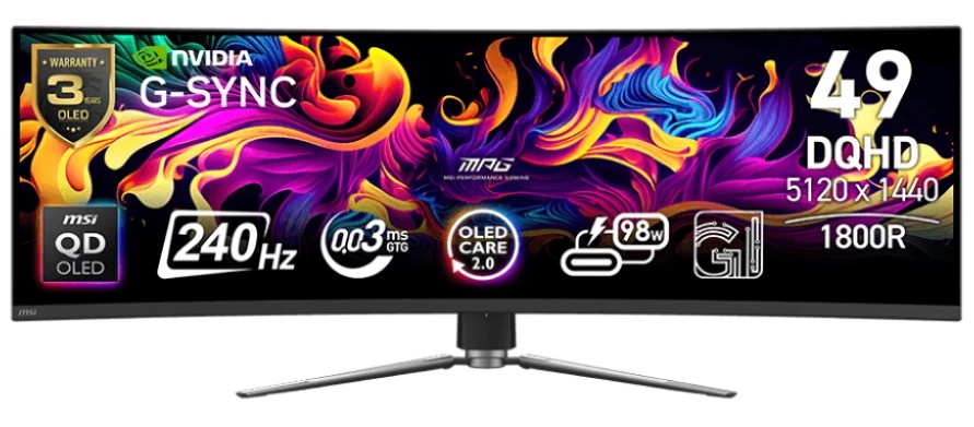 

Монитор 49" MSI MPG 491CQPX QD-OLED 9S6-3FA84T-022 5120X1440 LED 32:9, 250cd, 0.03мс, 178ГР/178ГР, HDMI, DP, USB, 240HZ, HAS, pivot, black, MPG 491CQPX QD-OLED