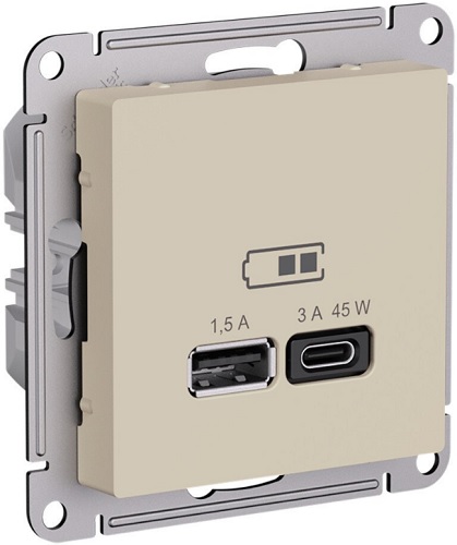 

Розетка USB Systeme Electric ATN001229 AtlasDesign A + тип-C 45Вт высокоскор.заряд. QC, PD, мех., Песочный, ATN001229