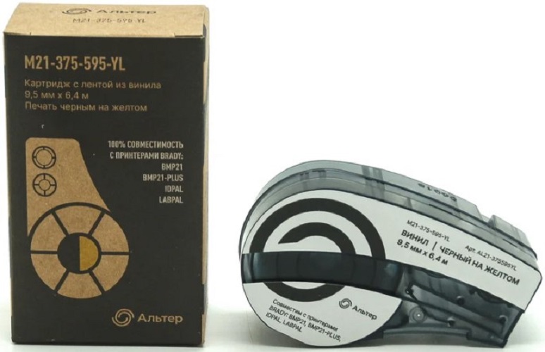 

Картридж Альтер M21-500-595YL AL21-500595YL с лентой из винила 12.70 мм х 6.40 м, черный на желтом (для принтера BRADY BMP21, BMP21+), M21-500-595YL