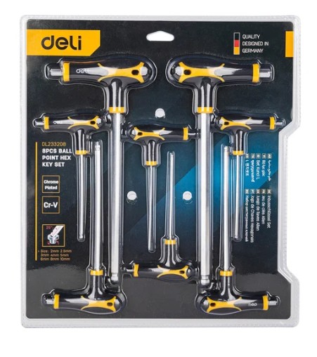 

Набор ключей Deli DL233208 шестигранных с шаром с рукоятью 8 шт размеры 2x75 мм/2,5x75 мм/3x100 мм/4x100 мм/5x150 мм/6x150 мм/8x200 мм/10x200 мм, DL233208