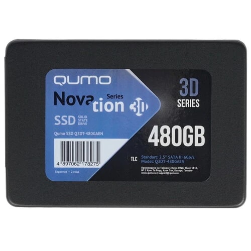 

Накопитель SSD 2.5'' Qumo Q3DT-480GAEN Novation 480GB SATA 6Gb/s 3D TLC 560/540MB/s IOPS 83K/69K MTBF 1.5 TBW 252, Q3DT-480GAEN