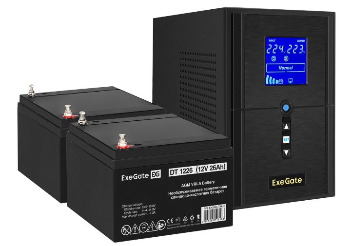 

Комплект Exegate SineTower SZ-1000.LCD.AVR.2SH.1C13.USB EX296789RUS ИБП EX295987RUS + батарея 26Aч EX282970RUS 2шт (инвертор, синус, для котла) 1000VA, SineTower SZ-1000.LCD.AVR.2SH.1C13.USB