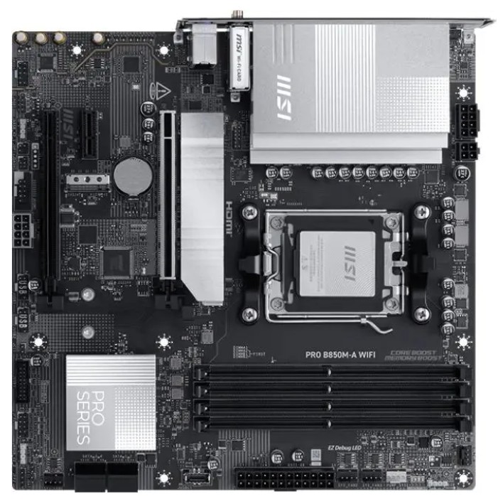 

Материнская плата mATX MSI PRO B850M-A WIFI PZ (AM5, AMD B850, 4*DDR5, 4*PCIe, 2*M.2, 4*SATA, 3*USB 3.2, 5*USB 3.2, 4*USB 2.0, DP, HDMI), PRO B850M-A WIFI PZ