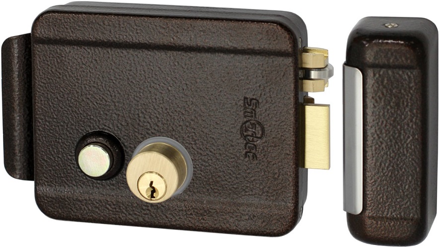 Замок электромеханический Smartec ST-RL073DI-BR накладной НЗ, универсальный DIN, цилинр снаружи и изнутри, кнопка изнутри (блокировка кнопки), питание