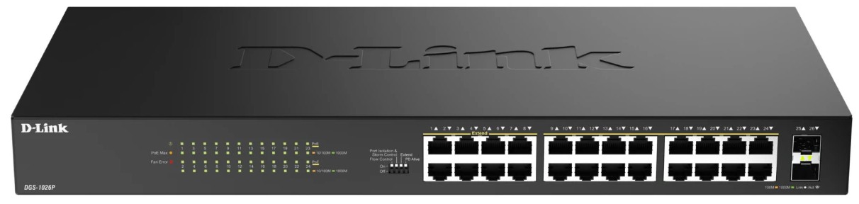 

Коммутатор D-link DGS-1026P/A1A конфигурируемый, 24x10/100/1000Base-T PoE (PoE-бюджет 240Вт), 2x1000Base-X SFP и DIP-переключателем, DGS-1026P/A1A