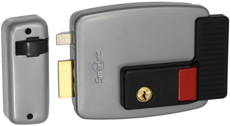 Замок Smartec ST-RL074DIR-GR Эл-мех накладной замок, НЗ, правая дверь, цилинр снаружи и изнутри, кнопка изнутри (блокировка кнопки), питание 12VDC/33А
