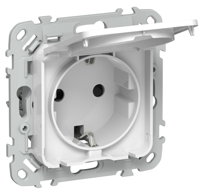 

Розетка с заземлением IEK FI-R16-16-1-44-K01 FLITE с защитными шторками и крышкой безвинтовое крепление 16А IP44 РСшкр11-1-44-ФлБ белый, FI-R16-16-1-44-K01