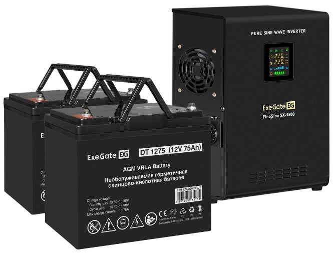 

Комплект Exegate FineSine SX-1500.LCD.AVR.2SH EX296573RUS ИБП EX295998RUS + батарея 75Aч EX282983RUS 2шт (инвертор, синус, для котла, настенный) 1500V, FineSine SX-1500.LCD.AVR.2SH