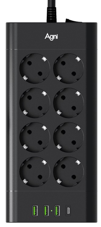 

Сетевой фильтр AGNI TP-FA4U8E-C-3m-black 8 розеток, 16А, 4000Вт, 220-250В, 3 м, 3x1,5mm2, 3*USB, Type-C, черный, TP-FA4U8E-C-3m-black