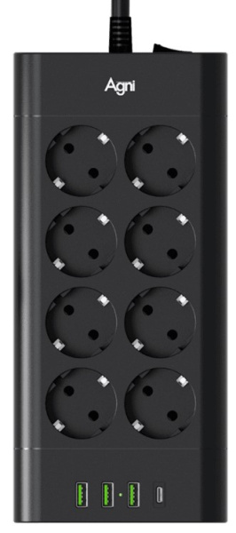 Изображение товара Сетевой фильтр AGNI TP‑FA4U8E‑C‑3m‑black с 8 розетками и USB