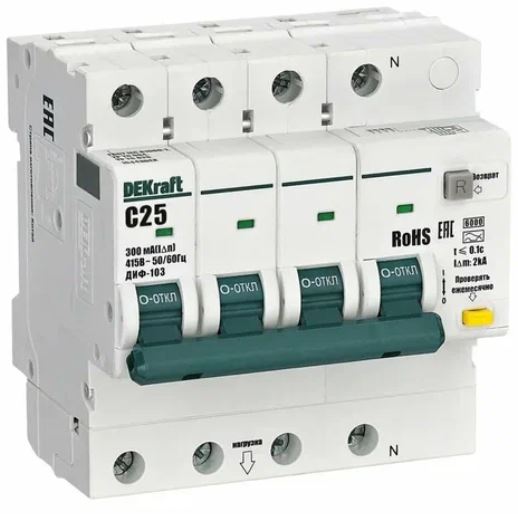 

Автомат дифференциальный DEKraft 16448DEK 3P+N 25А 300мА A х-ка C ДИФ-103 6кА, 16448DEK