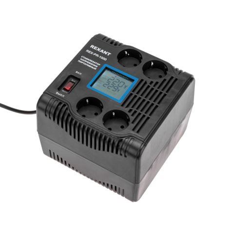 Изображение товара Стабилизатор Rexant 11-5029 однофазный релейный 1 кВт 4 розетки ЖК дисплей