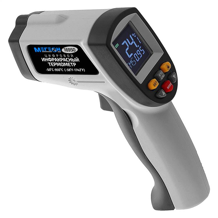 

Термометр инфракрасный МЕГЕОН 16950 промышленный, -50 … 950°С, оптич. разреш.: 12:1 (пирометр), 16950