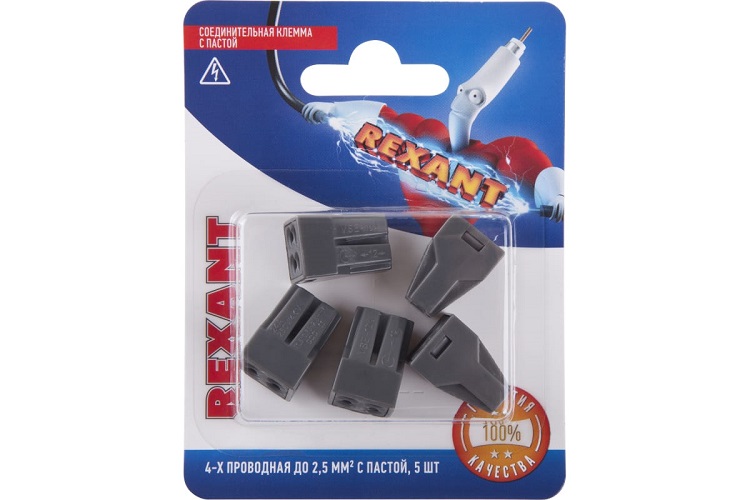

Клемма Rexant 06-0207-A5 с пастой СМК 773-304, 4-проводная до 2,5 мм2 серая, (блистер 5шт.), 06-0207-A5