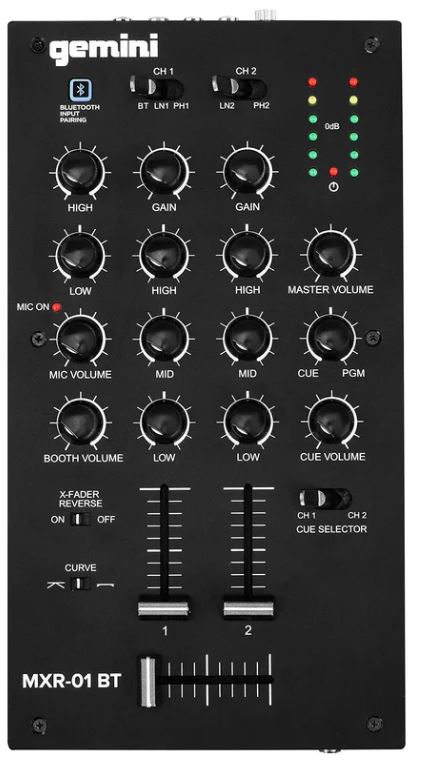 

Микшер Gemini MXR-01BT 2х канальный DJ микшер с Bluetooth; 4xRCA phono/линейные входа; 1/4" микрофонный вход, 1/4" выход на наушники, MXR-01BT
