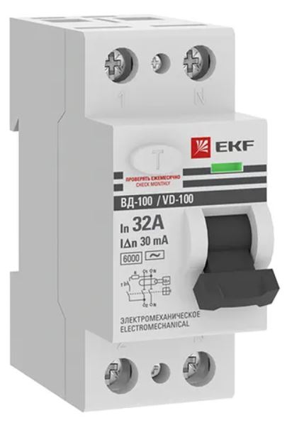 

УЗО EKF elcb-2-6-32-30-em-pro ВД-100 2P 32А 30мА тип АС электромеханический 6кА PROXIMA, elcb-2-6-32-30-em-pro