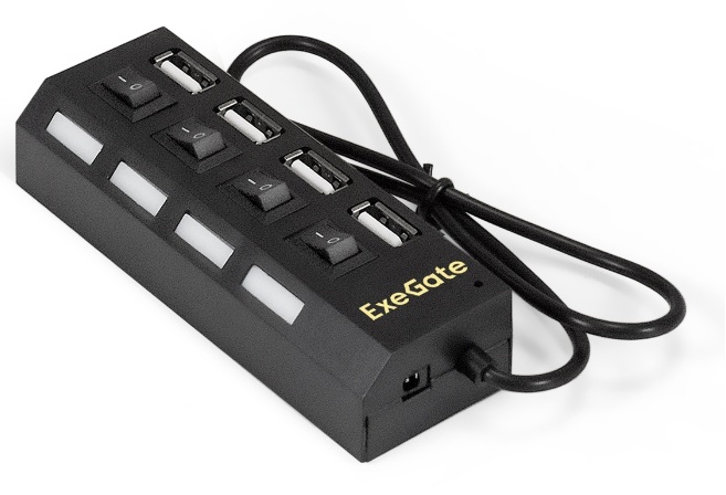 Концентратор Exegate EX293977RUS 4-в-1 (кабель-адаптер USB2.0 --> 4xUSB2.0, кнопки включения/отключения для каждого порта, Plug&Play, черный)