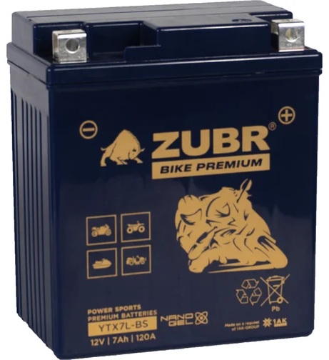 

Батарея ZUBR YTX7L-BS (ZubrPrem) (7 Ач, 12 V) Обратная, R+ 113x69x130 (для мототехники), YTX7L-BS (ZubrPrem)