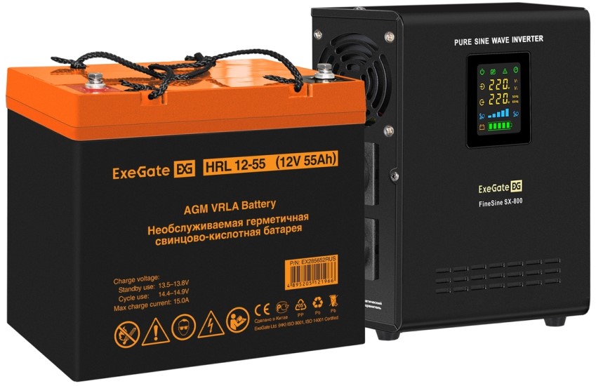 Комплект Exegate FineSine SX-800.LCD.AVR.2SH EX296524RUS ИБП EX295996RUS + батарея 55Aч EX285652RUS 1шт (инвертор, синус, для котла, настенный), 800VA