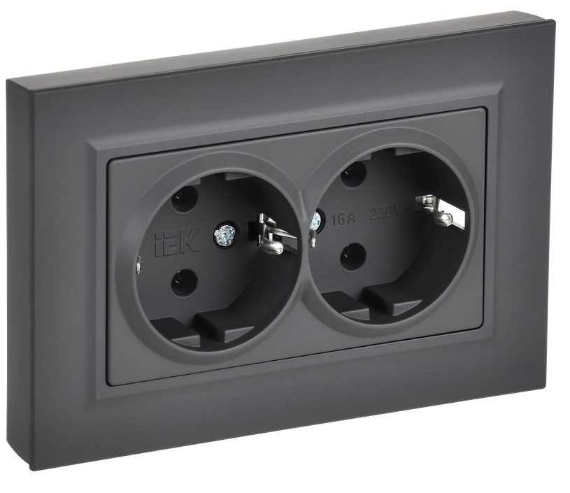 

Розетка двухместная с заземлением IEK BR-R27-16-K53-F BRITE без защитных шторок плоская 16А в сборе РСПл12-3-БрГ графит, BR-R27-16-K53-F