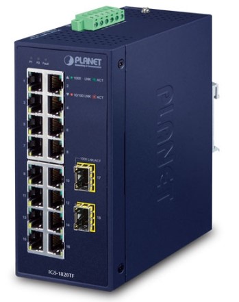

Коммутатор Planet IGS-1820TF IP30 INDUSTRIAL 16-PORT 10/100/1000T + 2-PORT 1000X SFP GIGABIT ETHERNET SWITCH (-40~75 DEGREES C, DUAL 12~48V DC/24V AC), IGS-1820TF