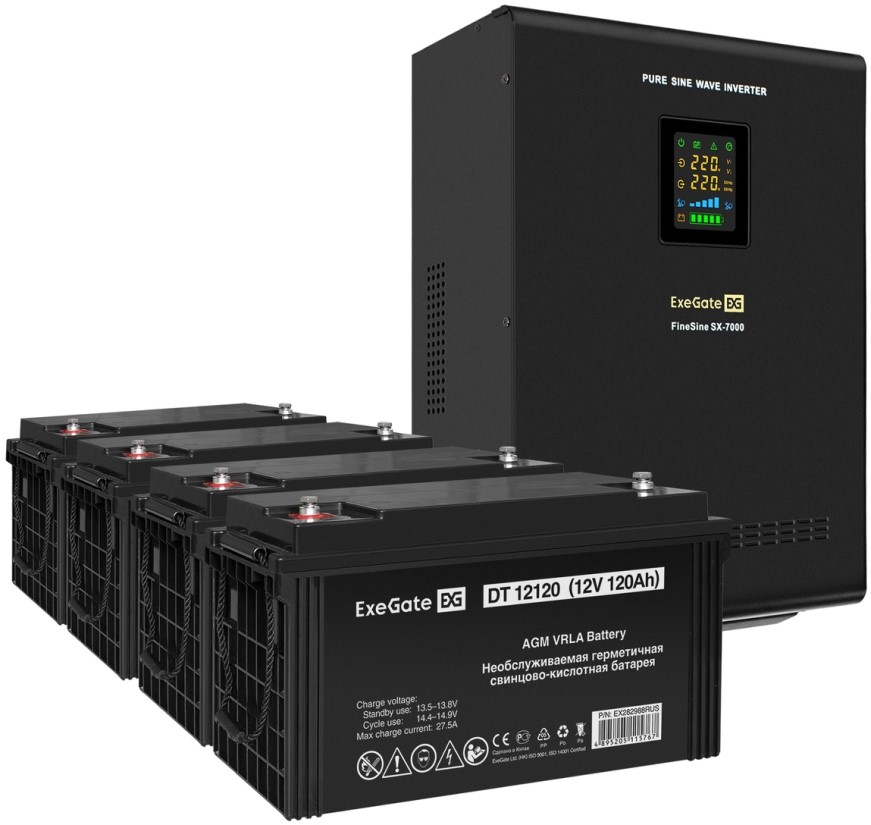 

Комплект Exegate FineSine SX-7000.LCD.AVR.2SH.T EX296694RUS ИБП EX296005RUS + батарея 120Aч EX282988RUS 4шт (инвертор, синус, для котла, настенный) 70, FineSine SX-7000.LCD.AVR.2SH.T