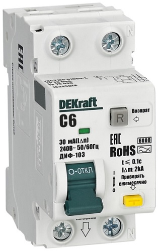 

Автомат дифференциальный DEKraft 16345DEK 1P+N 6А 30мА A х-ка C ДИФ-103 6кА, 16345DEK