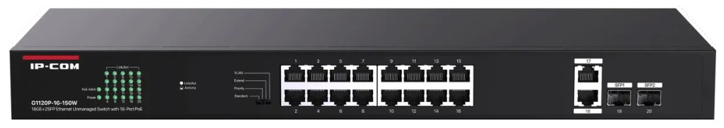 

Коммутатор неуправляемый IP-Com G1120P-16-150W PoE, 20 портов, 18x1 Гбит/с, SFP 2x1 Гбит/с, PoE 16х30 Вт (до 135 Вт), G1120P-16-150W