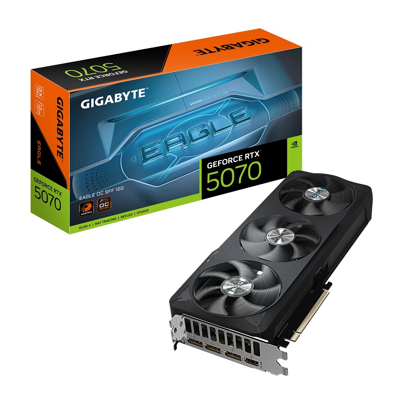 

Видеокарта PCI-E GIGABYTE GeForce RTX 5070 EAGLE OC SFF (GV-N5070EAGLE OC-12GD) 12GB GDDR7 192bit 4nm 2587/28000MHz HDMI 3*DP, GeForce RTX 5070 EAGLE OC SFF (GV-N5070EAGLE OC-12GD)