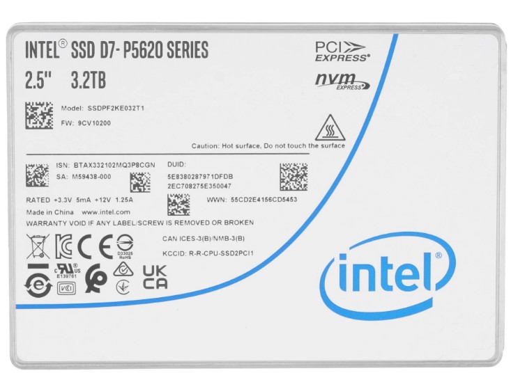 

Накопитель SSD U.2 Solidigm D7-P5620 SSDPF2KE032T11Z 3.2TB, 6700/3600MB/s, IOPs 1M/341K, TBW 17500, D7-P5620