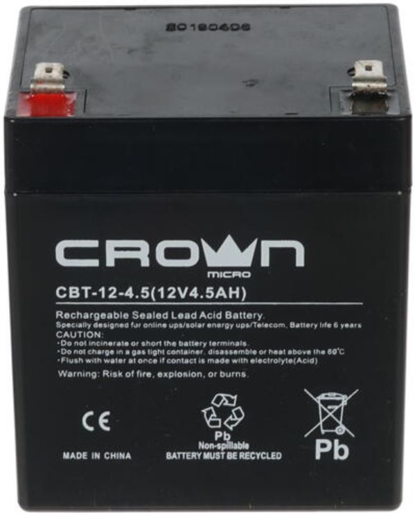 

Аккумулятор Crown CBT-12-4.5 CM000001737 свинцово-кислотный, 12В, 4.5 А/Ч, ABS-пластик, F2 (Т2), срок службы 6 лет, CBT-12-4.5