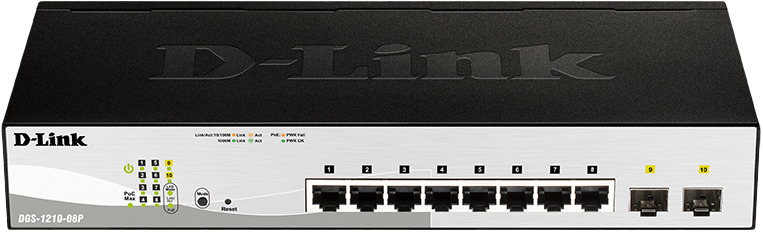 

Коммутатор настраиваемый D-link DGS-1210-08P/G3A L2 PoE, 8x1000Base-T PoE, 2х1000Base-X SFP, PoE-бюджет 65 Вт, упрощенный интерфейс CLI, DGS-1210-08P/G3A