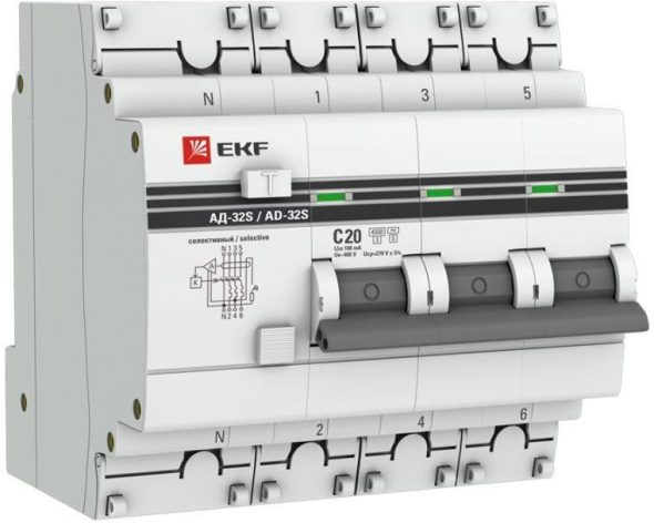 Изображение товара Автомат EKF DA32-20-100S-4P-pro с УЗО для защиты сети 400 В 16 А