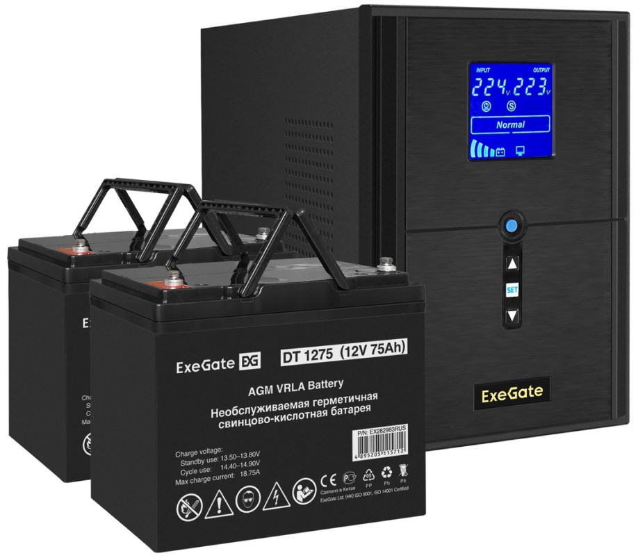 

Комплект Exegate SineTower SZ-2000.LCD.AVR.3SH.1C13.USB EX296846RUS ИБП EX295989RUS + батарея 75Aч EX282983RUS 2шт (инвертор, синус, для котла) 2000VA, SineTower SZ-2000.LCD.AVR.3SH.1C13.USB