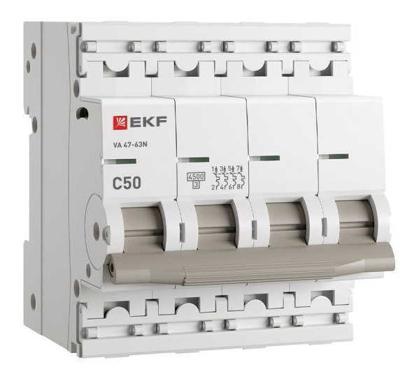 

Автоматический выключатель EKF M634450C 4P 50А (C) 4,5kA ВА 47-63N PROxima, M634450C