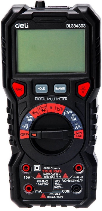 

Мультиметр цифровой Deli DL334303 многофункциональный напряж. 0-1000В, сила тока 0,02-10А, сопр. до 60 МОм, ЖК-дисплей, DL334303