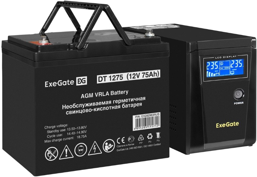 

Комплект Exegate SineTower SZ-600.LCD.AVR.1SH EX296777RUS ИБП + батарея DT 1275 75Ач 1шт (ИБП EX295986RUS: 600VA/360W, чистая синусоида, LCD-дисплей,, SineTower SZ-600.LCD.AVR.1SH