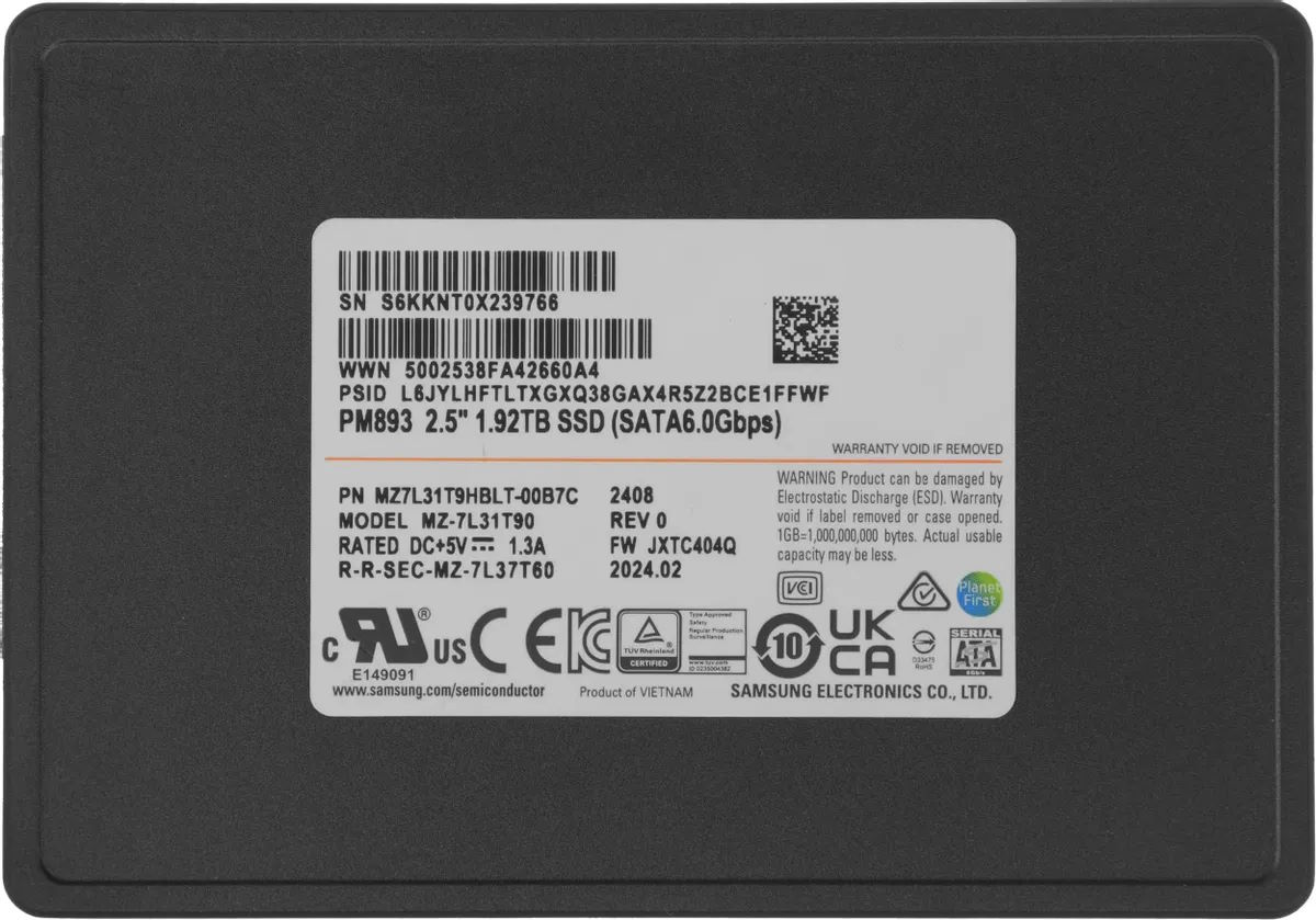 

Накопитель SSD 2.5'' Samsung PM893 MZ7L31T9HBLT-00B7C 1.92TB, 550/520MB/s, TBW 3504, MTBF 2M, PM893