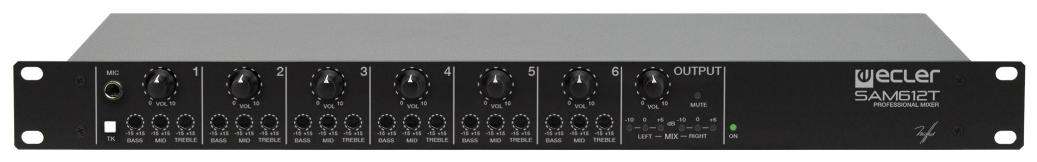 

Микшер Ecler SAM612T 6-канальный коммутатор, входы: 6 Mic/Line (питание 18 В), 1 MIX, SAM612T