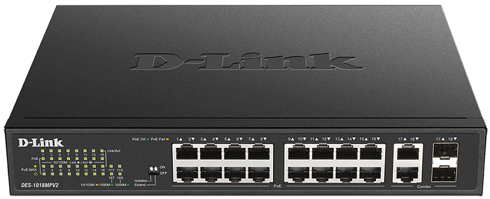 

Коммутатор неуправляемый D-link DES-1018MPV2/A1A 16x10/100 PoE (247 Вт), 2xCombo UTP/SFP Gigabit, 19", DES-1018MPV2/A1A