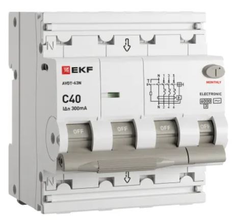

Автомат дифференциальный EKF D63N46E40C300 АВДТ-63N 3P+N 40А характеристика C 300мА тип AC электронный 6кА PROXIMA, D63N46E40C300