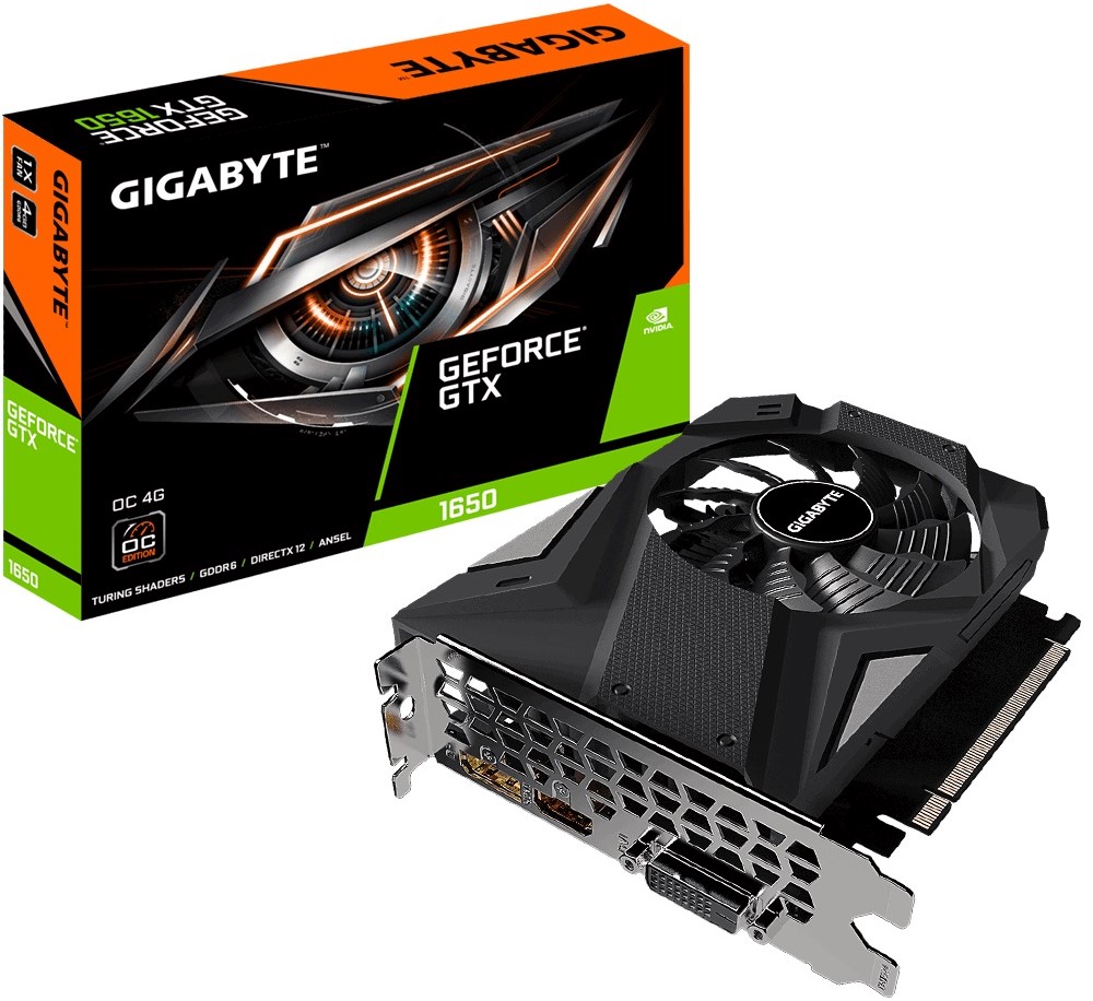 

Видеокарта PCI-E GIGABYTE GeForce GTX 1650 D6 OC (GV-N1656OC-4GD) 4GB GDDR6 128bit 12nm 1410/12000MHz DVI-D/HDMI/DP, GeForce GTX 1650 D6 OC (GV-N1656OC-4GD)