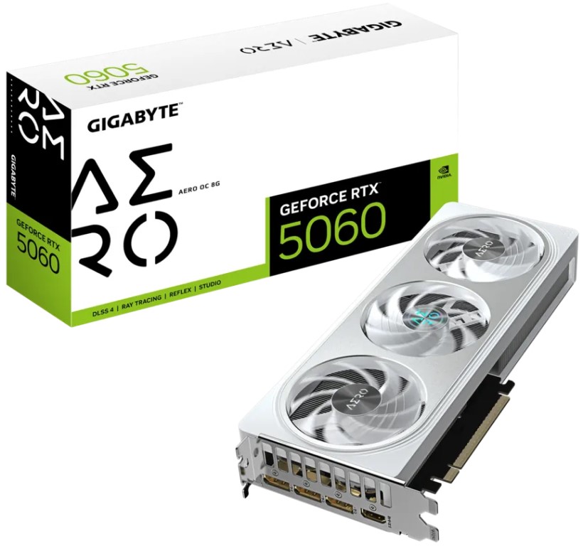 

Видеокарта PCI-E GIGABYTE GeForce RTX 5060 AERO OC (GV-N5060AERO OC-8GD) 8GB GDDR7 128bit 2595/28000MHz HDMI, GeForce RTX 5060 AERO OC (GV-N5060AERO OC-8GD)