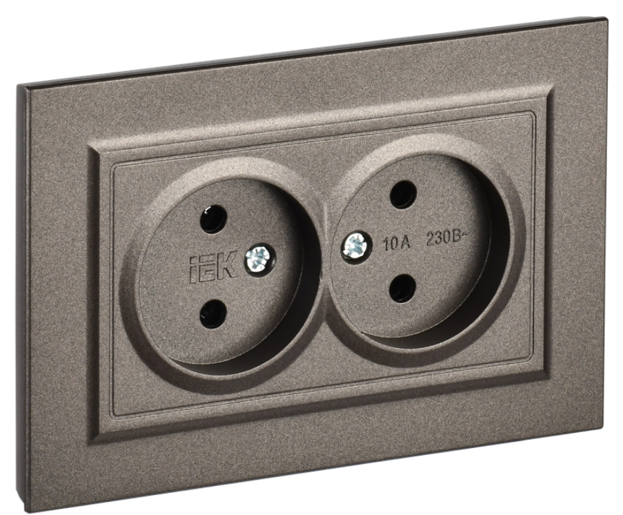 

Розетка двухместная без заземления в сборе IEK BR-R20-10-K45-F BRITE без защитных шторок 10А РС12-2-БрТБ Бронза, BR-R20-10-K45-F