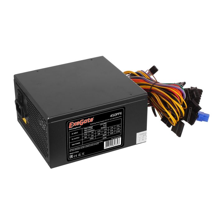 

Блок питания ATX Exegate 450PPX EX221640RUS-S 450W RTL, SC, black, APFC, 14cm, 24p+(4+4)p, PCI-E, 4*IDE, 5*SATA, FDD + кабель 220V с защитой от выдерг, 450PPX