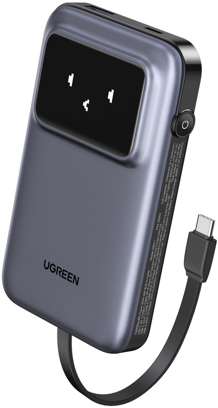 

Аккумулятор внешний UGREEN PB511 35603B 10000mAh Quick Charging 30W Power Bank with Digital Display со встроенным кабелем USB-C. Цвет: серый, PB511