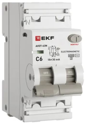 

Автомат дифференциальный EKF D63N26M6C30 АВДТ-63N 1P+N 6А (C) 30мА (AC) эл-мех 6кА PROXIMA, D63N26M6C30
